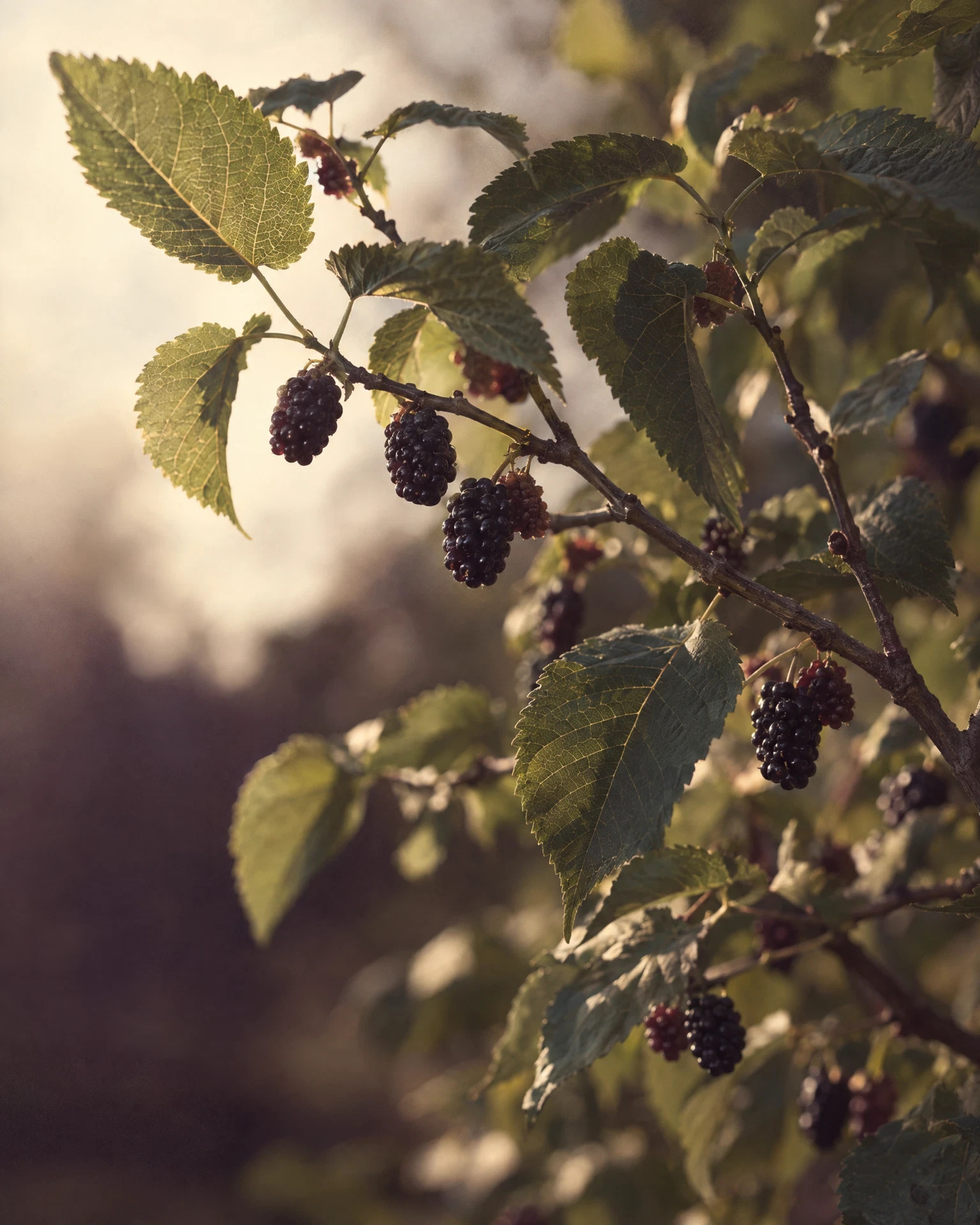 A mulberry branch with leaves and ripe fruit in warm afternoon light